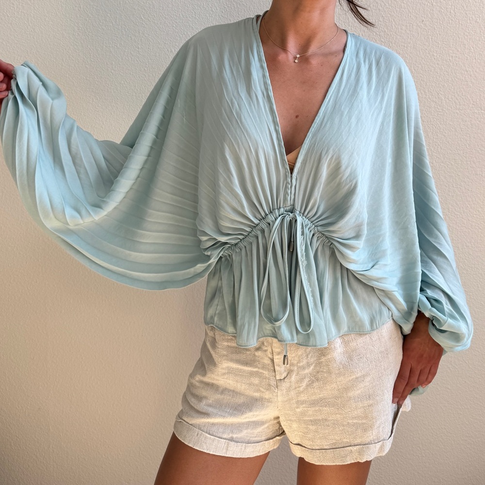 Free People Blue Bishop Sleeve Blouse
